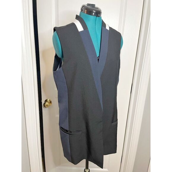 Elevenses Open Front Color Block Sleeveless Tailored Lined Pocket Tuxedo Vest - Picture 6 of 13